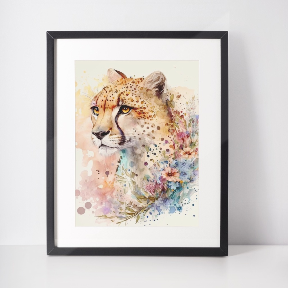 Cute Floral Cheetah Watercolor Wall Art Illustration Print Poster Card Unframed - Picture 3 of 8